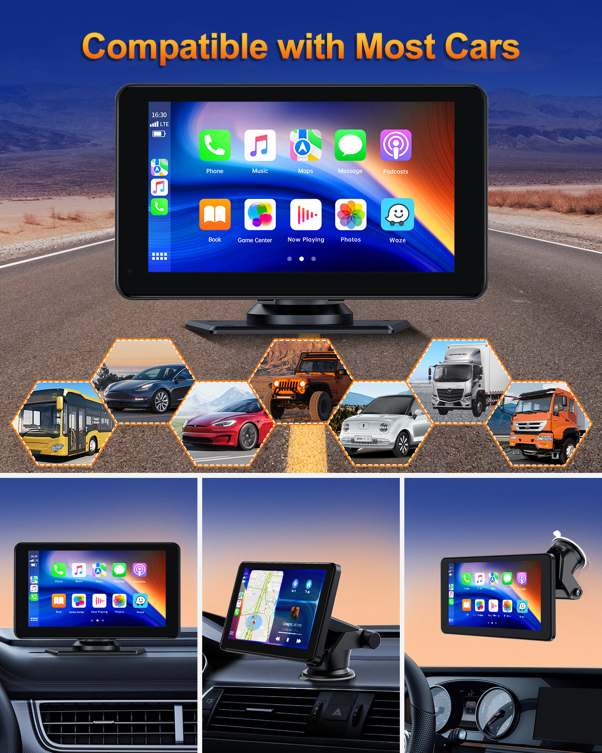 TOGUARD Portable 7 Inch Portable Wireless Car Stereo, Apple Carplay,1080P Backup Camera, Touchscreen GPS Navigation Car Video, Car Audio Receivers with Airplay, Android Auto, Bluetooth, FM, Siri